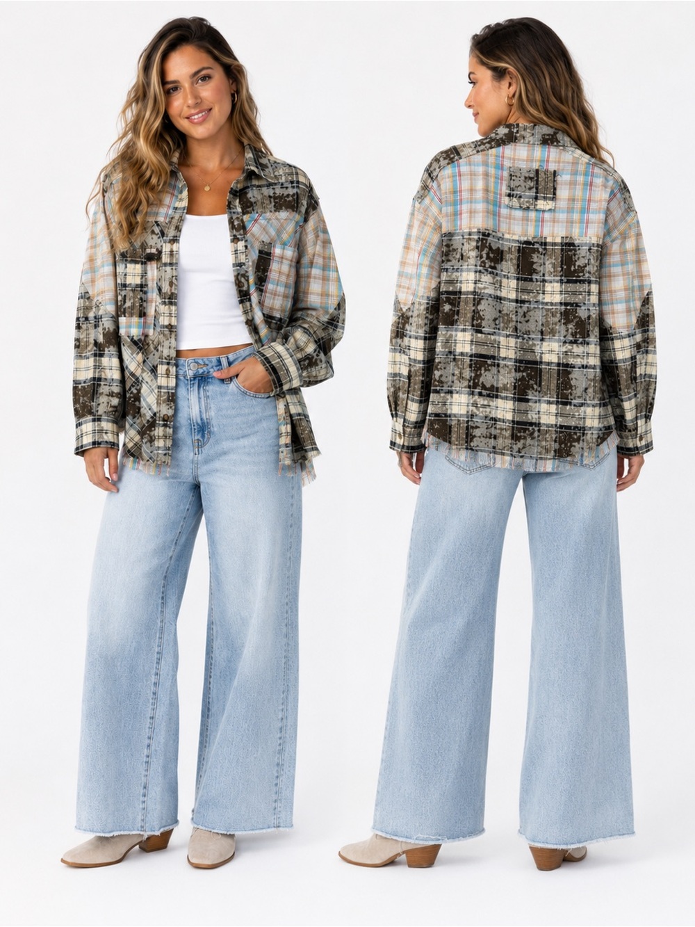 POL Patchwork Plaid Distressed Flannel Shirt Shacket Boho Grunge Size S